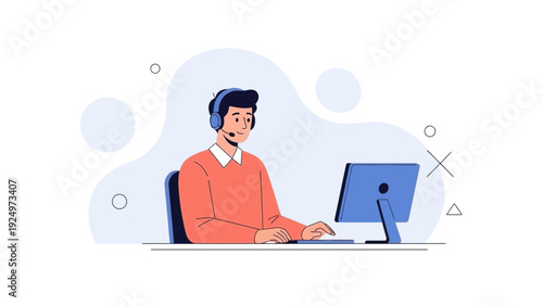Customer service agent with headset working on computer, modern flat illustration