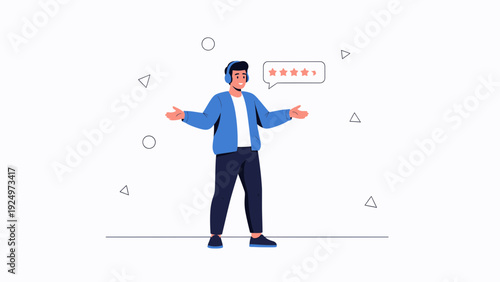 Customer service agent with headset and five-star rating speech bubble