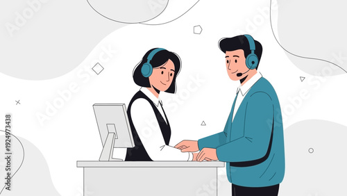 Customer service agents with headsets at reception desk, helping client