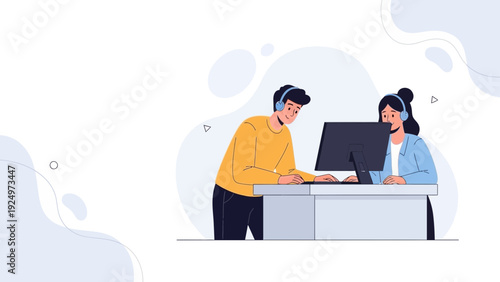 Customer service agents working on computer, wearing headsets, flat style illustration