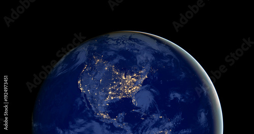 Earth at night view of North America city lights isolated on black background. Elements of this image furnished by NASA.