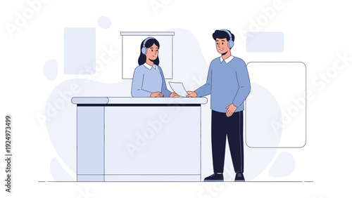 Customer Service Interaction at Reception Desk with Headphones