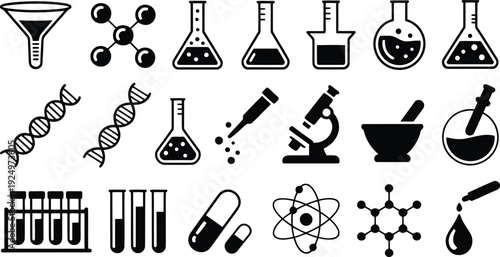 Essential laboratory equipment and scientific symbols displayed as black silhouette icons on a white background