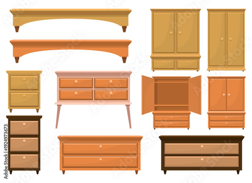 An illustration featuring various wooden furniture pieces against a white background.