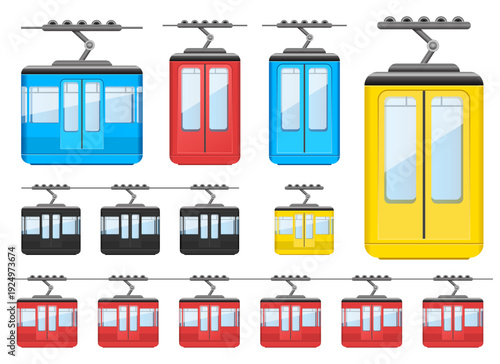 Colorful aerial cable car gondolas in red, blue, black, and yellow.