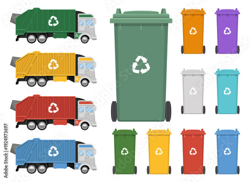Colorful collection of recycling trucks and bins with recycling symbol.