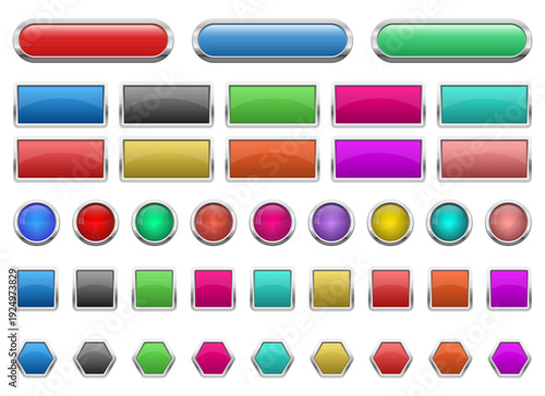 Collection of colorful buttons with chrome borders in various shapes.