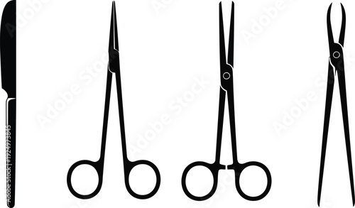 Essential surgical instruments presented as black silhouettes including a scalpel and various forceps on white