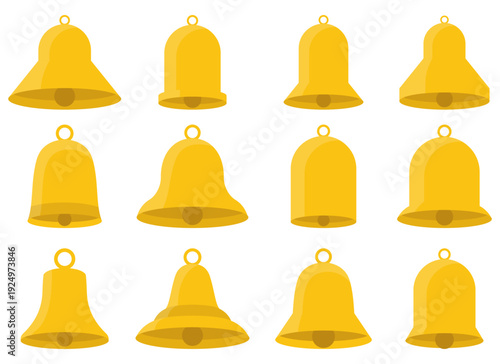 A collection of twelve golden colored bell designs on a bright white backdrop.