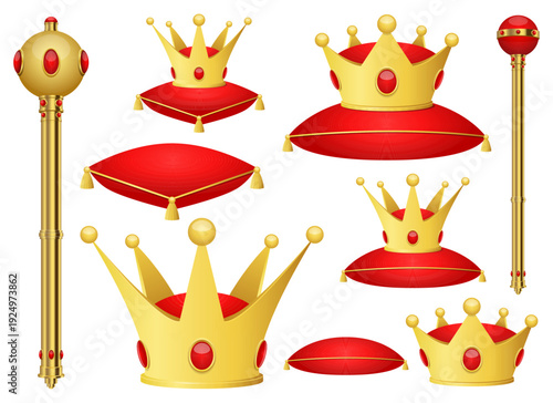 Royal Accessories: Golden Crowns and Scepters on Red Cushions, Regal Symbolism
