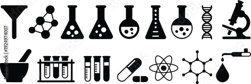 Essential laboratory icons featuring beakers microscopes DNA and chemical structures for scientific use