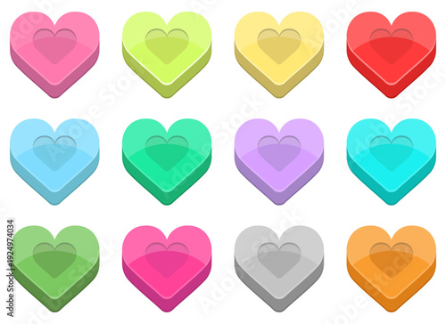 Colorful heart-shaped candies, arranged in a grid on a plain white background.