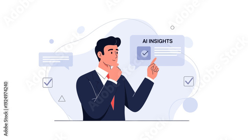 Businessman analyzing AI insights, digital strategy, data analysis, decision making