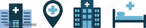 Four blue and dark blue flat icons representing hospital services and medical care facilities