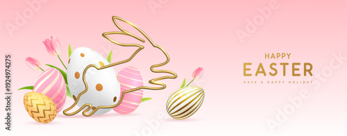 Happy Easter background with colorful easter eggs, golden rabbit silhouette and tulips. Holiday greeting card or poster. Vector illustration