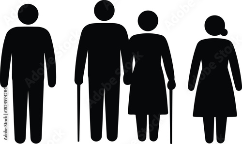 Four black silhouette figures representing men and women including two elderly people with canes standing