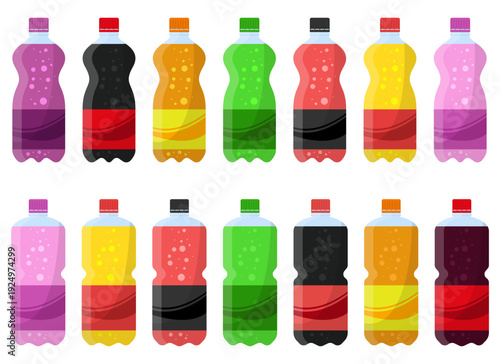 Colorful assorted carbonated beverages in plastic bottles on a white backdrop.