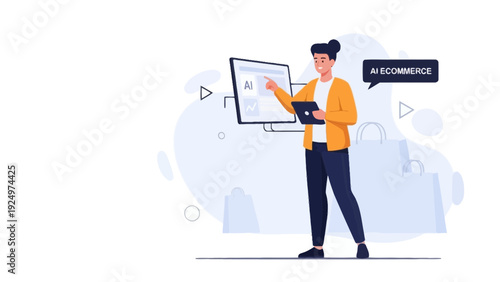 AI E-commerce concept: person interacting with AI technology for online shopping