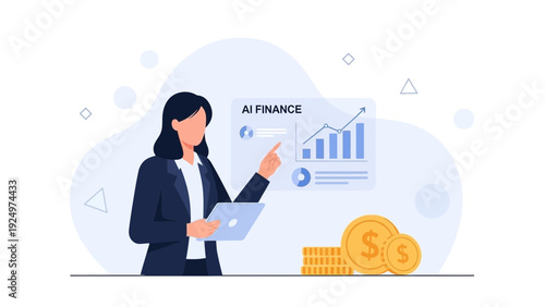 AI Finance Analyst Presents Growth Chart with Coins and Laptop