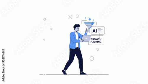 AI Growth Hacking Concept: Person with Laptop and Funnel