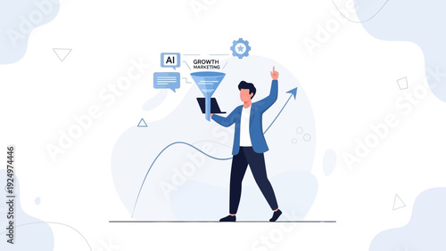 AI Growth Marketing Strategy: Businessman with Laptop and Funnel