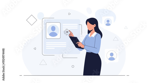 AI hiring process, woman using digital interface for recruitment, human resources technology