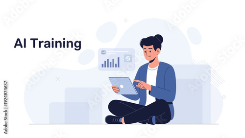 AI Training Concept: Person Learning on Tablet with Data Analytics