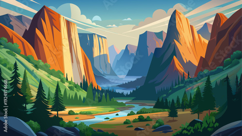 A view of Yosemite Valley surrounded by tall granite cliffs open natural terrain clean minimal vector illustration flat design calm natural landscape