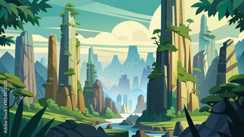 A view of Zhangjiajie National Forest Park showing tall natural rock pillars rising from forest terrain open natural environment clean minimal vector illustration flat design
