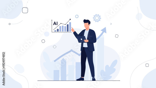 Businessman analyzing AI growth chart with laptop, business success concept