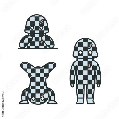 Checkered Bearbrick figurines in various poses on white background with copy space