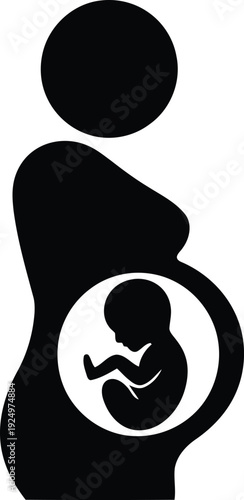 Isolated black silhouette graphic depicting a pregnant female with her growing unborn baby clearly visible