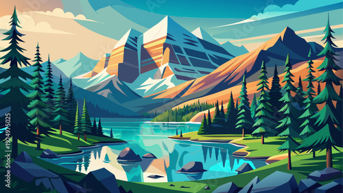 A peaceful view of Banff National Park surrounded by mountains forests and open natural terrain clean minimal vector illustration flat design calm wilderness atmosphere