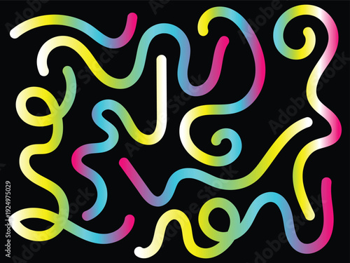 Eye-catching neon gradient wavy lines vector on black background, ideal for modern posters, music covers, web banners, and vibrant creative design projects. 