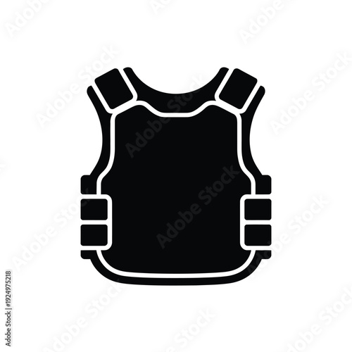 Black silhouette of a protective tactical vest with shoulder straps and side pouches. isolated on white background, Vector, illustration
