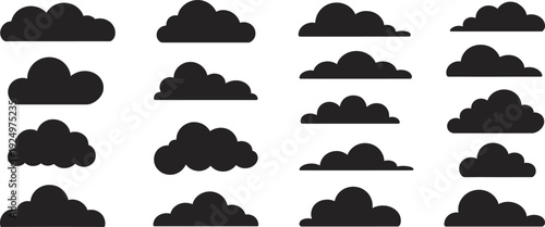 Black cloud silhouettes set, simple weather icon collection, flat sky shapes bundle, minimal cloud symbols isolated on white background vector illustration