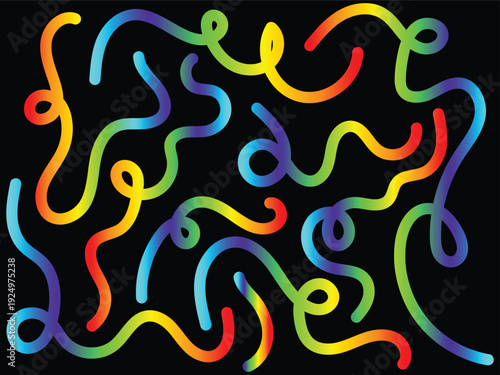 Eye-catching neon gradient wavy lines vector on black background, ideal for modern posters, music covers, web banners, and vibrant creative design projects. 