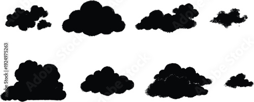 Black cloud silhouettes collection, fluffy cumulus cloud shapes set, isolated sky elements, hand drawn weather illustration, realistic cloud clipart bundle, design resource on white background
