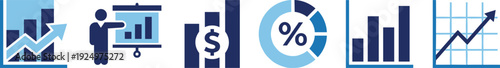 Business analytics icons set, financial growth charts, percentage pie graph, revenue statistics dashboard, market performance analysis, 