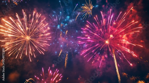 Colorful fireworks display exploding in the night sky with radiant streaks