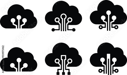 Cloud computing technology icons set, data network connection symbols, digital storage concept, server infrastructure illustration, cyber security system, modern flat vector isolated collection