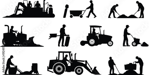 Construction and agriculture worker silhouettes set, tractor, bulldozer, excavator, lawn mower machines, heavy equipment operators, rural industry and farming vector illustration collection