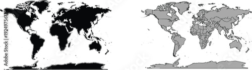 World map black and white political and silhouette vector illustration isolated on white background