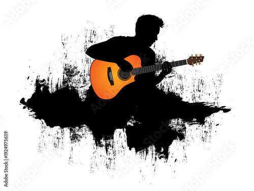 Grunge Acoustic Guitar Illustration on isolated, Silhouette of a Guitarist  on Transparent Background.