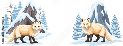 Arctic fox cartoon vector illustration in snowy mountain landscape winter wildlife scene isolated background