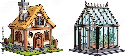 Cute cottage house and glass greenhouse garden vector illustration set isolated on white background