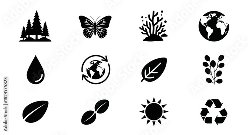 Eco-friendly symbols collection illustrating environmental conservation concepts, sustainability, and nature preservation icons in a grid layout