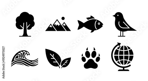 Collection of simple black icons representing various elements of nature and the environment, including animals and landscapes, on a clean background