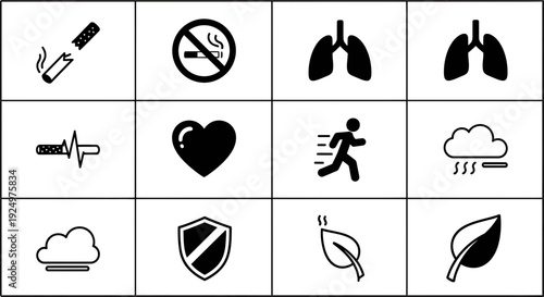 Set of black icons representing health and wellness concepts in a grid layout on a white background, viewed directly from the front