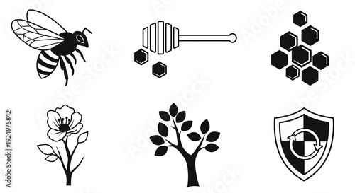 Bee collecting nectar from flowers on trees with honeycomb and honey dipper nearby protected by a shield